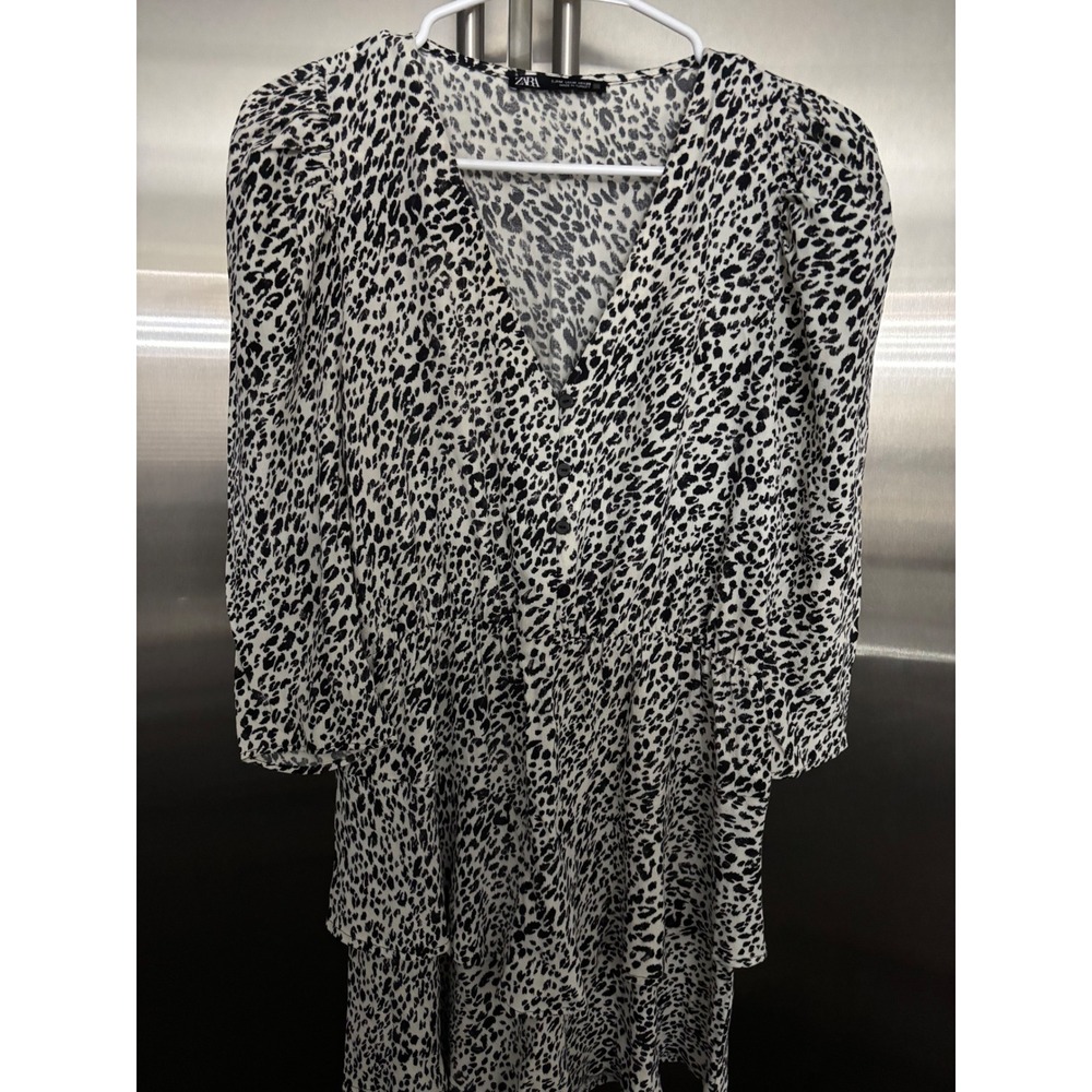 Zara Animal Print Tiered Mini‎ Dress Long Sleeve V Neck Black White 28